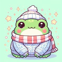 a cartoon frog wearing a winter hat and scarf