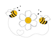 three bees flying around a flower with hearts