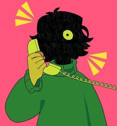 a cartoon character holding a cell phone to his ear while wearing a green shirt with yellow eyes