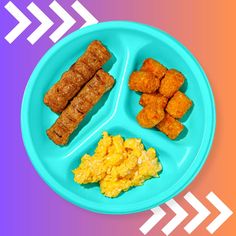 a blue plate topped with breakfast foods on top of a purple and orange colored background