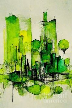 an abstract painting of green cityscape with trees and buildings in the foreground