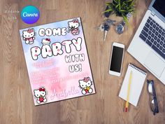 a hello kitty birthday party poster next to a laptop