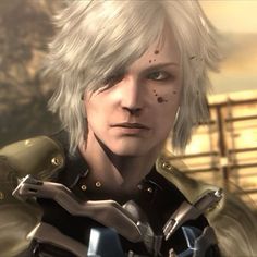 an image of a person with white hair and metal armor looking at the camera while standing in front of a fence