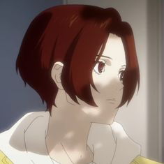 an anime character with red hair and white shirt looking off to the side in front of a window