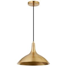 a brass colored pendant light hanging from the ceiling