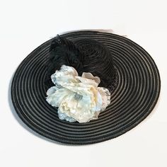 Black Wide Brimmed Hat With A Cream And White Lace Peony, Special Occasion Hat, Church Hat, Wedding Hat, Womem's Accessory by IllusionCreations on Etsy Black Wide Brim Hat, Special Occasion Hats, Braided Ribbon, Wide Brimmed Hat, Pretty Hats, Hat Wedding, Church Hat, Brimmed Hat, Wedding Hat