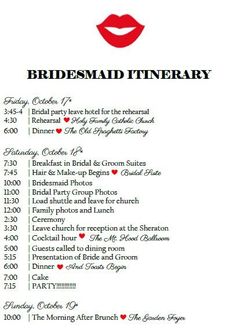 a wedding itinerary with red lips