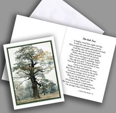 a card with an image of a tree and poem on the front, along with a white envelope