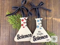 two science themed christmas ornaments on top of a wooden table with pine branches and ribbon