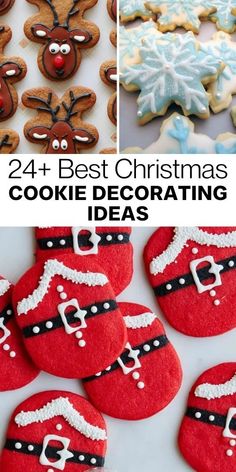 christmas cookies decorated in red and white with the words, 24 best christmas cookie decorating ideas