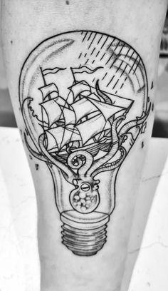 Tattoo, Ship, Octopus, Kraken, Lightbulb, Lost At Sea, Storm, Rose Harley, Seven Doors Tattoo, Tattoo London Doors Tattoo, Light Bulb Tattoo, Bulb Tattoo, Lightbulb Tattoo, Ship In A Bottle, A Ship, Rose Tattoo, Kraken, Geometric Tattoo