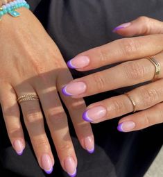 Colored French Tip Nails Natural Nail, Rounded Nail Designs Summer, French Nails With Different Color Tips, Nails Sns French Tip, Purple Biab Nail Designs, Nails That Match Purple Dress, Acrylic Nails With Colored Tips, Red Almond Shaped Nails Design, Nails Acrylic Different Shades