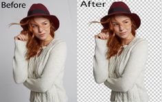 a woman with red hair wearing a white sweater and hat, before and after photoshopped