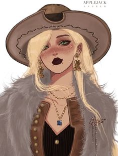 a drawing of a woman with long blonde hair wearing a brown hat and fur coat