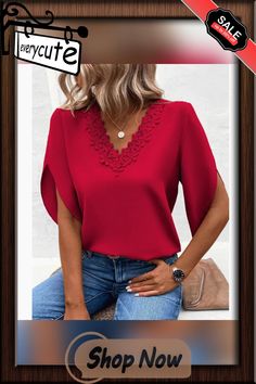 Red Solid Lace V Neck Bell Sleeve Blouse Red Solid Color V-neck Top, Red V-neck Solid Color Blouse, Red Solid Color V-neck Blouse, Red Solid Color Blouse For Spring, Red Solid Color Top For Spring, Red Solid Color Spring Top, Bell Sleeve Blouse, Bell Sleeves, Sleeve Blouse