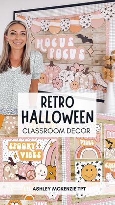 a woman standing in front of a sign that says retro halloween classroom decor with lots of pictures