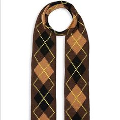 Classic Argyle Scarf By Burberry! Brown Scarf With Tan, Black, And Yellow Argyle Knit Pattern. Slim Scarf. 282 X 18 Nwt! 9.24 Black And Yellow Knitted Scarf, Badger Scarf, Chequered Scarf, Burberry Pattern, Comfy Outfits Winter, Brown Scarf, Monogrammed Scarf, Burberry Classic, Brown Scarves