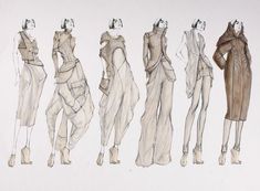 a drawing of five different dresses on mannequins