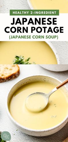 a bowl of japanese corn soup with a spoon in it and bread on the side