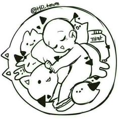 a black and white drawing of a baby sleeping with other animals on it's back