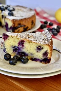 a slice of blueberry cake on a plate