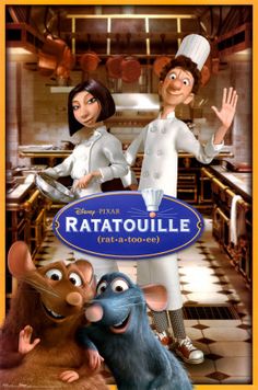 the ratatoulie movie poster with two mice and a chef in the background