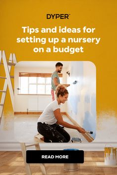 a man and woman are painting the walls in their house with yellow paint on it