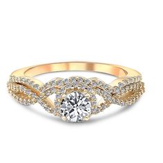 a yellow gold engagement ring with a round diamond center surrounded by two rows of diamonds