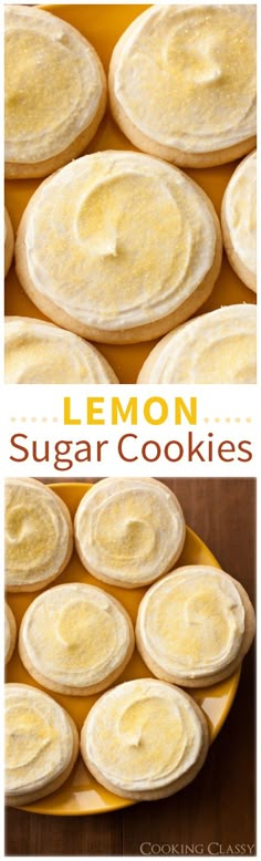 lemon sugar cookies on a yellow plate with the words, lemon sugar cookies above them