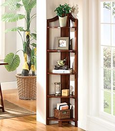 a corner shelf with plants and pictures on it next to a window in a living room