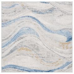 an abstract rug with blue and white waves on it's surface, in the middle of