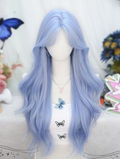 Blue Heat Resistant Wig With Bangs, Hair Inspo Front View, Blue Hair Curtain Bangs, Icy Blue Hair Color, Long Hair Art Reference, Long Light Blue Hair, Blue Wigs For Black Women, Kawaii Hairstyles Long, Blue Hair Inspiration