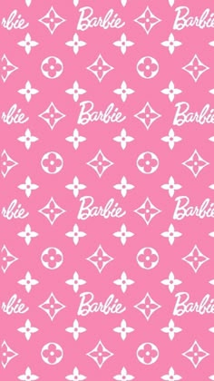 a pink wallpaper with white and black symbols on it, including the word barbie