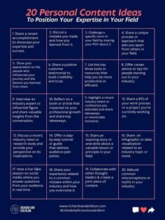 a blue poster with the words 20 personal content ideas to position your expertise in your field