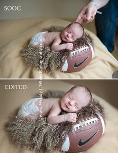 a baby laying on top of a bed next to an adult holding a stuffed football