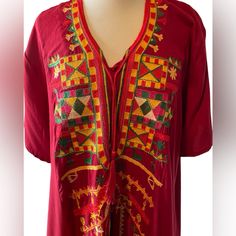 New Egyptian Cotton Caftan Handcrafted In Egypt. Beautiful Embroidery. Fits Generously Up To X -Large. Length-55” Red Embroidered Summer Kaftan, Red Bohemian Kaftan With Floral Embroidery, Bohemian Red Kaftan With Intricate Embroidery, Red Floral Embroidered Kaftan For Festival, Red Bohemian Kaftan With Resham Embroidery, Red Folk Style Summer Kaftan, Red Resham Embroidered Kaftan For Festival, Festival Red Kaftan With Resham Embroidery, Traditional Red Kaftan For Festival