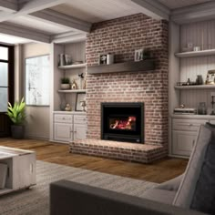 a living room filled with furniture and a fire place in the middle of it's fireplace