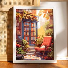 a painting of an orange chair sitting in front of a book shelf filled with books