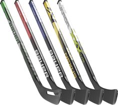 four hockey sticks with different colors and sizes