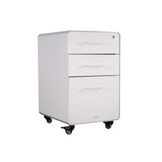 a white filing cabinet sitting on top of a black casteor wheel with two drawers