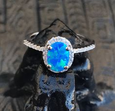 Blue Fire Opal Ring-Opal Ring-Promise Ring-Engagement Ring- Silver-CZ ring-Birthday Gift-Opal Ring- Opal Halo Ring For Gift, Opal Halo Ring As Gift, Opal Halo Rings As Gifts, Opal Halo Rings For Gifts, Opal Ring With Center Stone For Gift, Opal Ring With Center Stone As Gift, Opal Rings With Prong Setting For Gift, Opal Jewelry With Halo Setting For Gift, Oval Opal Ring With Prong Setting For Gift