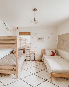 a bedroom with two bunk beds and a rug on the floor