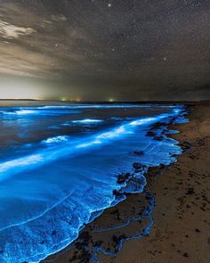 the beach is covered with blue water and stars in the sky