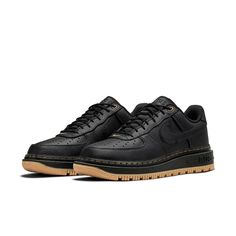 Nike Air Force 1 Luxe Black Gum DB4109-001 Nike Air Force 1 Leather With Rubber Sole, Black Nike Air Force 1 With Gum Sole, Black Sneakers With Gum Sole For Outdoor, Masculine Black Low-top Sneakers, Nike Air Force 1 Negras, Nike Air Force 1 Luxe, Yellow Trainers, Nike Factory, New Nike Air Force