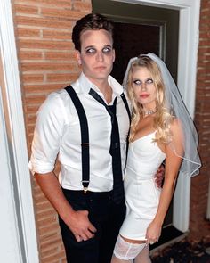 a man and woman are dressed up as bride and groom for a halloween costume party