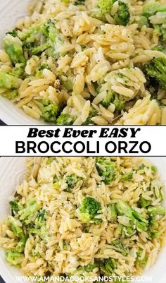 broccoli and rice in a white bowl with the words best ever easy broccoli orzo