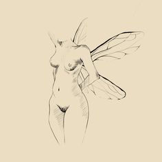 a pencil drawing of a naked woman with wings on her head and chest, standing