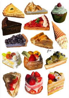 a bunch of different types of cakes and pastries