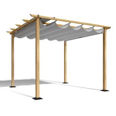 a wooden pergola with white sheets on the sides and black posts, against a white background