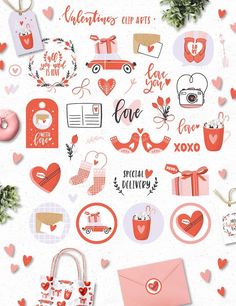 valentine's day stickers are arranged on a white background with red and pink accents